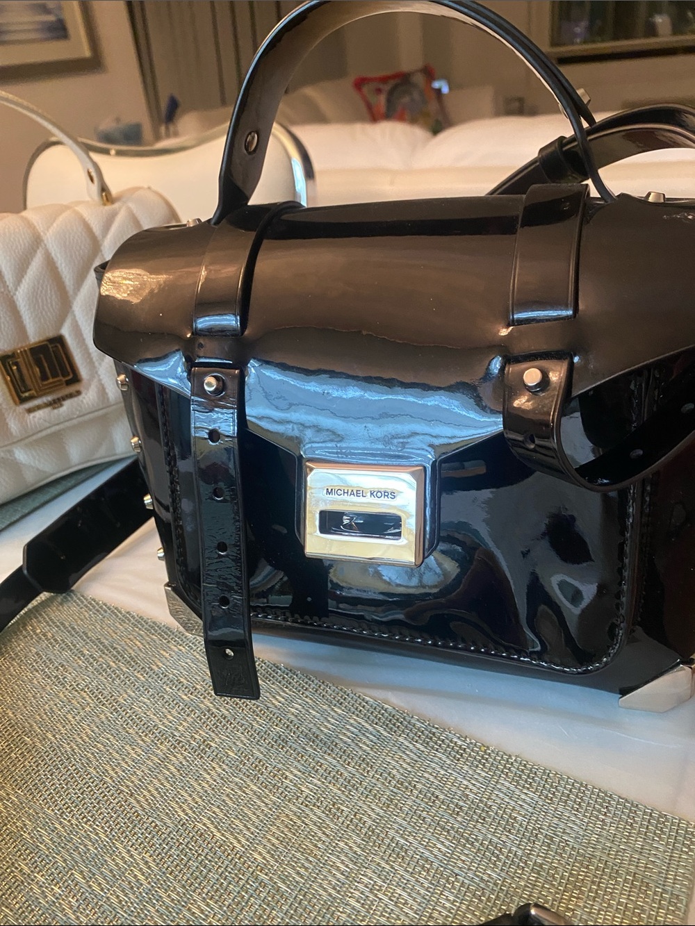 Michael Kors Black Patent Satchel with Gold Hardware
